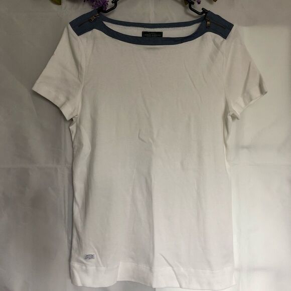 Lauren Ralph Lauren Zip Shoulder Chambray Trim top - Picture 3 of 8